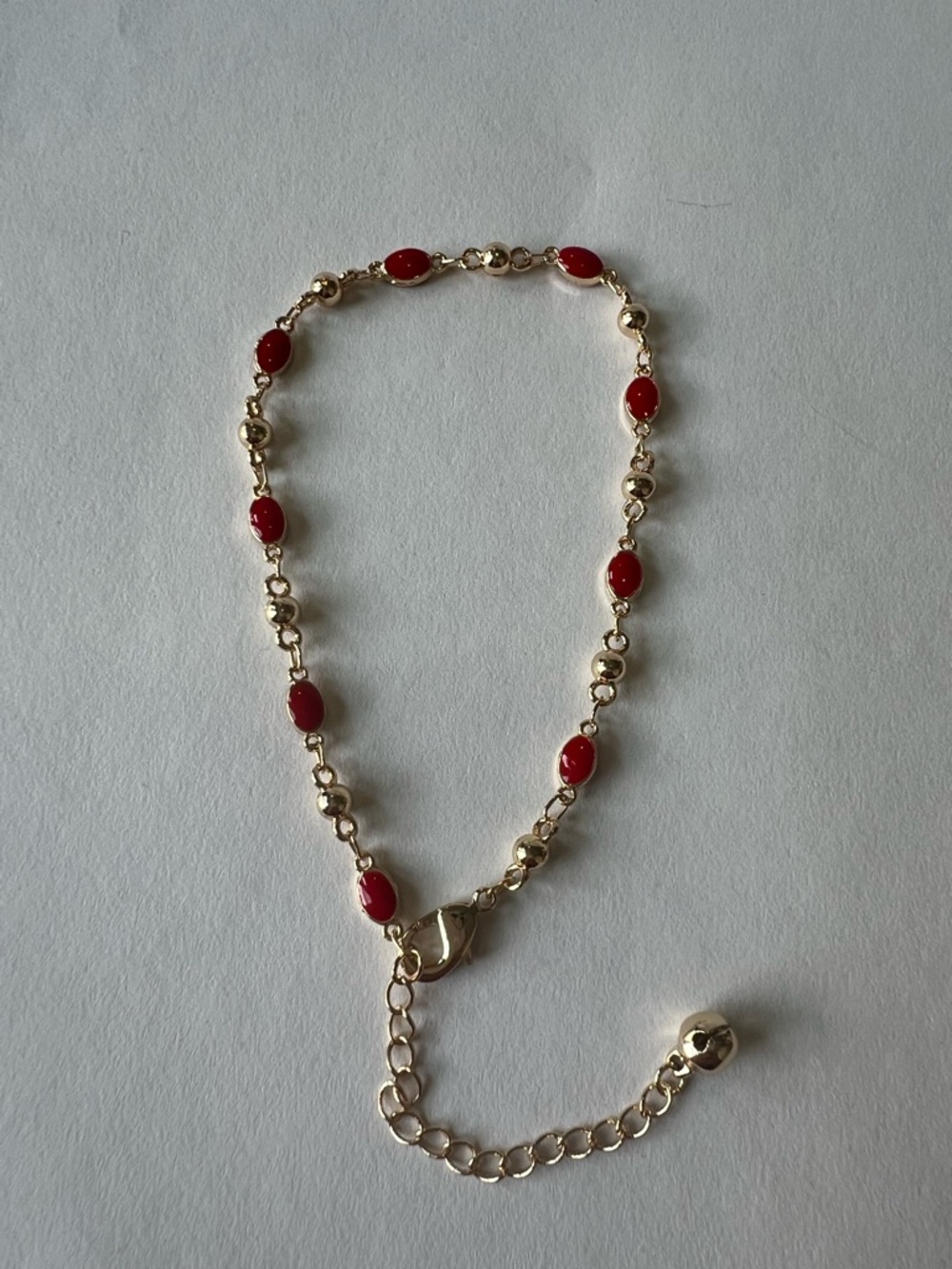 14k Gold Plated Chain Bracelet/Anklet with Red Bead Accents